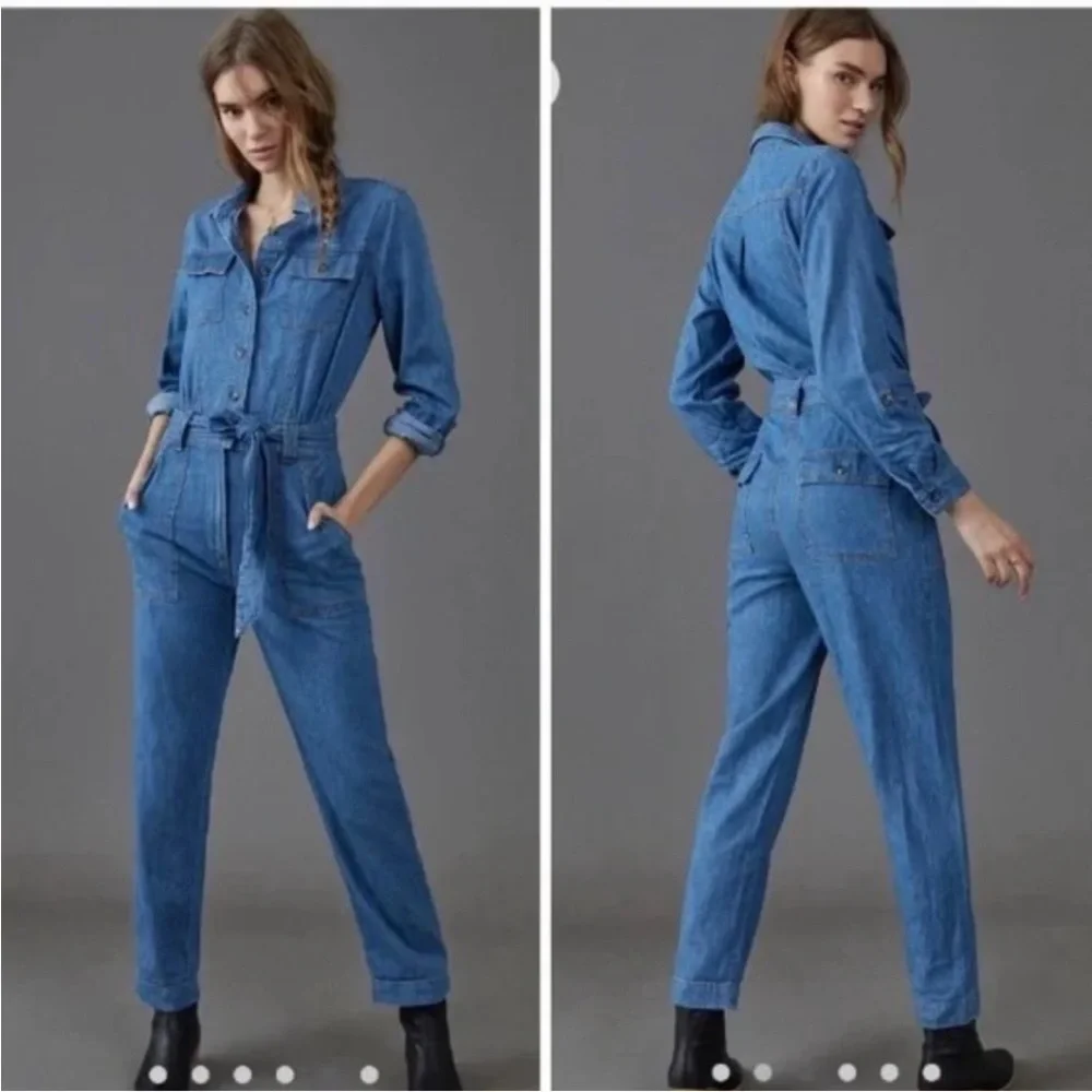 Anthropologie Pilcro and The Letterpress‎ Kona Denim Belted Long Sleeve Jumpsuit